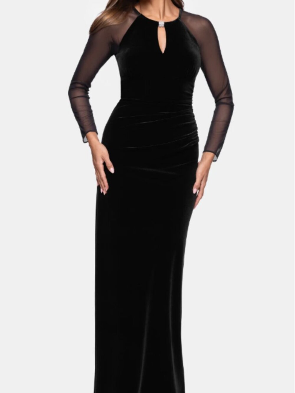 Betsy & Adam Black Mesh Long Sleeve Ruched Velvet Gown Size 8